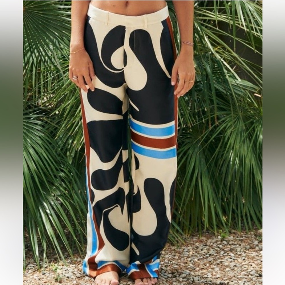 NWT ZARA New Woman High Waist Wide Leg Printed Palazzo Trousers Ecru Brown
